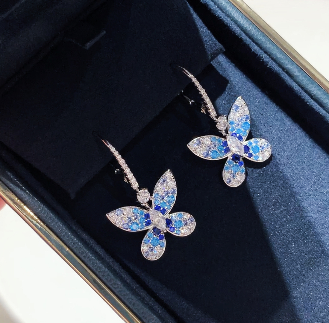 New 925 Silver High Double Blu - Diamond Stud Earrings 评论和价格